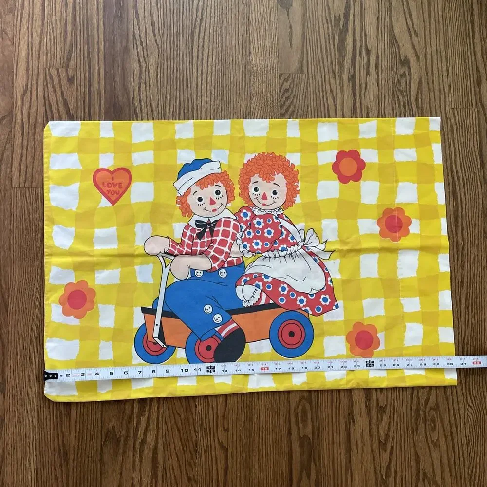 Raggedy Ann & Andy Pillowcase VTG 1970s Yellow 2-Sided Bobbs Merrill Co Bedding